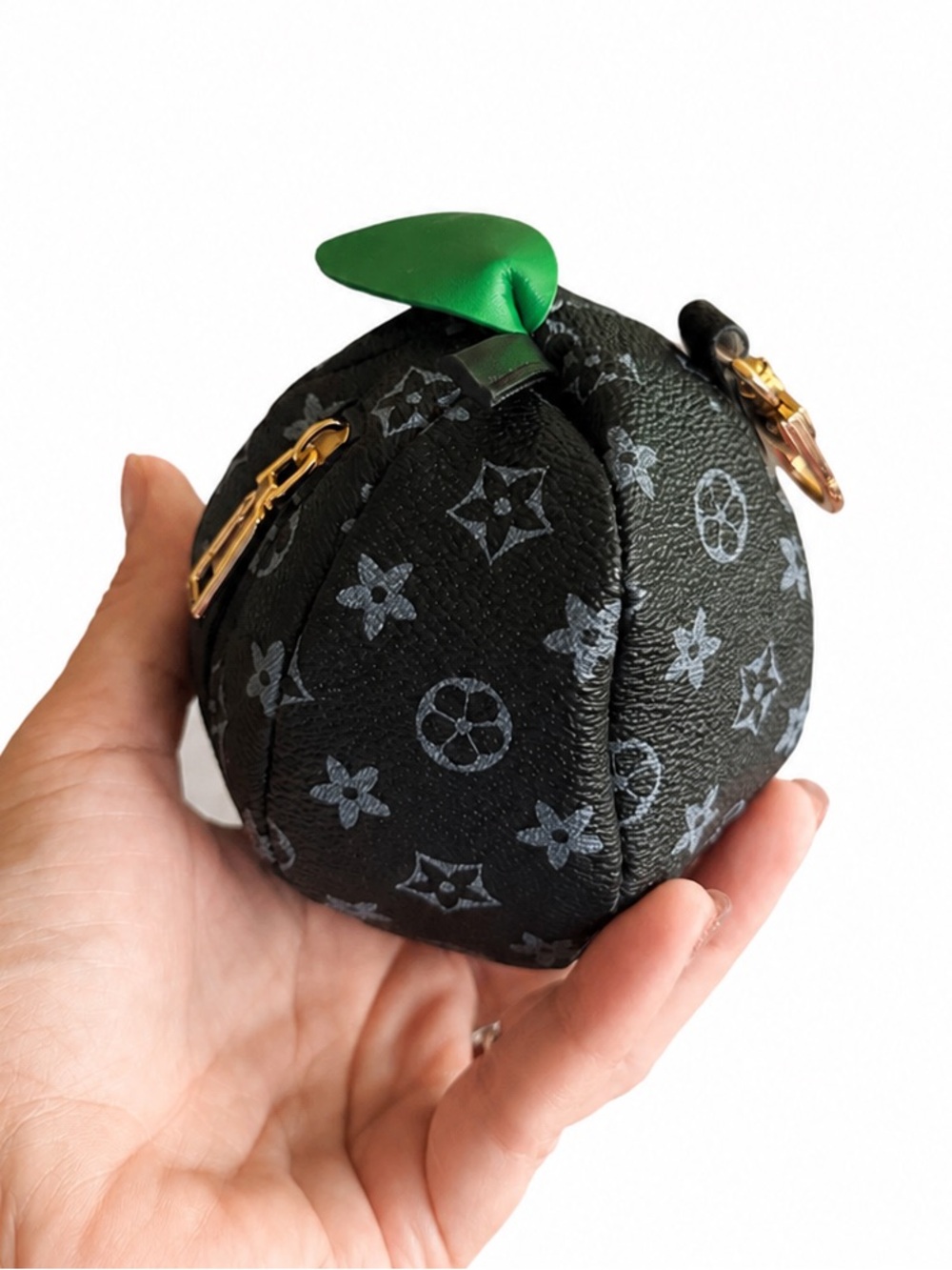 NWOT Black Monogram Apple Coin Purse Keychain Charm Gold Hardware